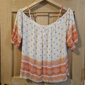 Size Small Skies Are Blue Women's Cold Shoulder Orange and Cream Boho Top